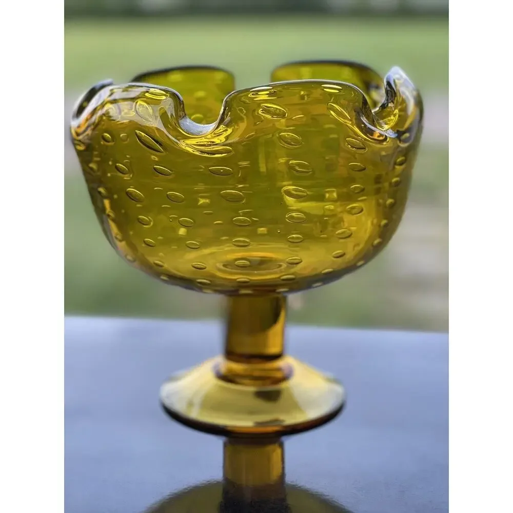 Bischoff Gold Footed Bubbles Compote Bowl Pinched Edge Art Glass Amber Pedestal‎